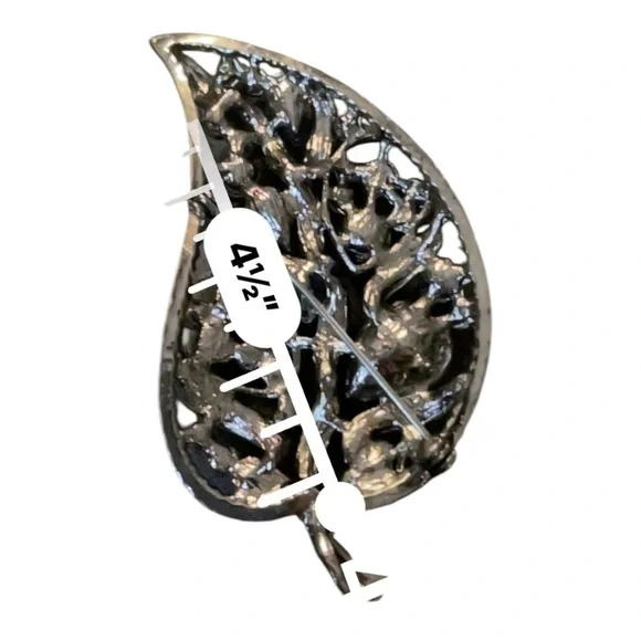 Vintage Elegant Silver and Black Leaf  Rhinestone Brooch - Picture 6 of 6